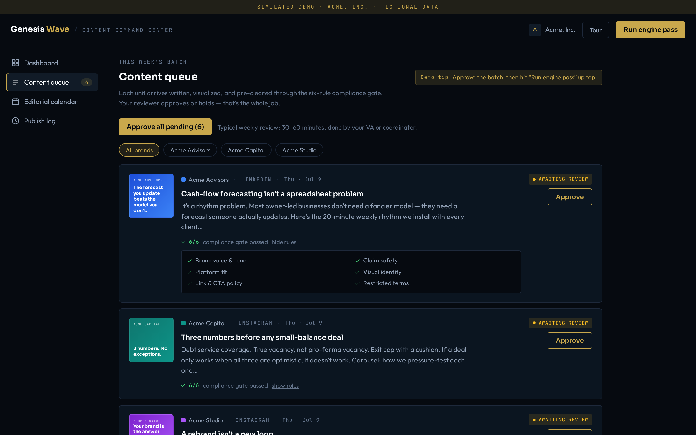 Approval queue with drafted posts and generated visuals awaiting operator review