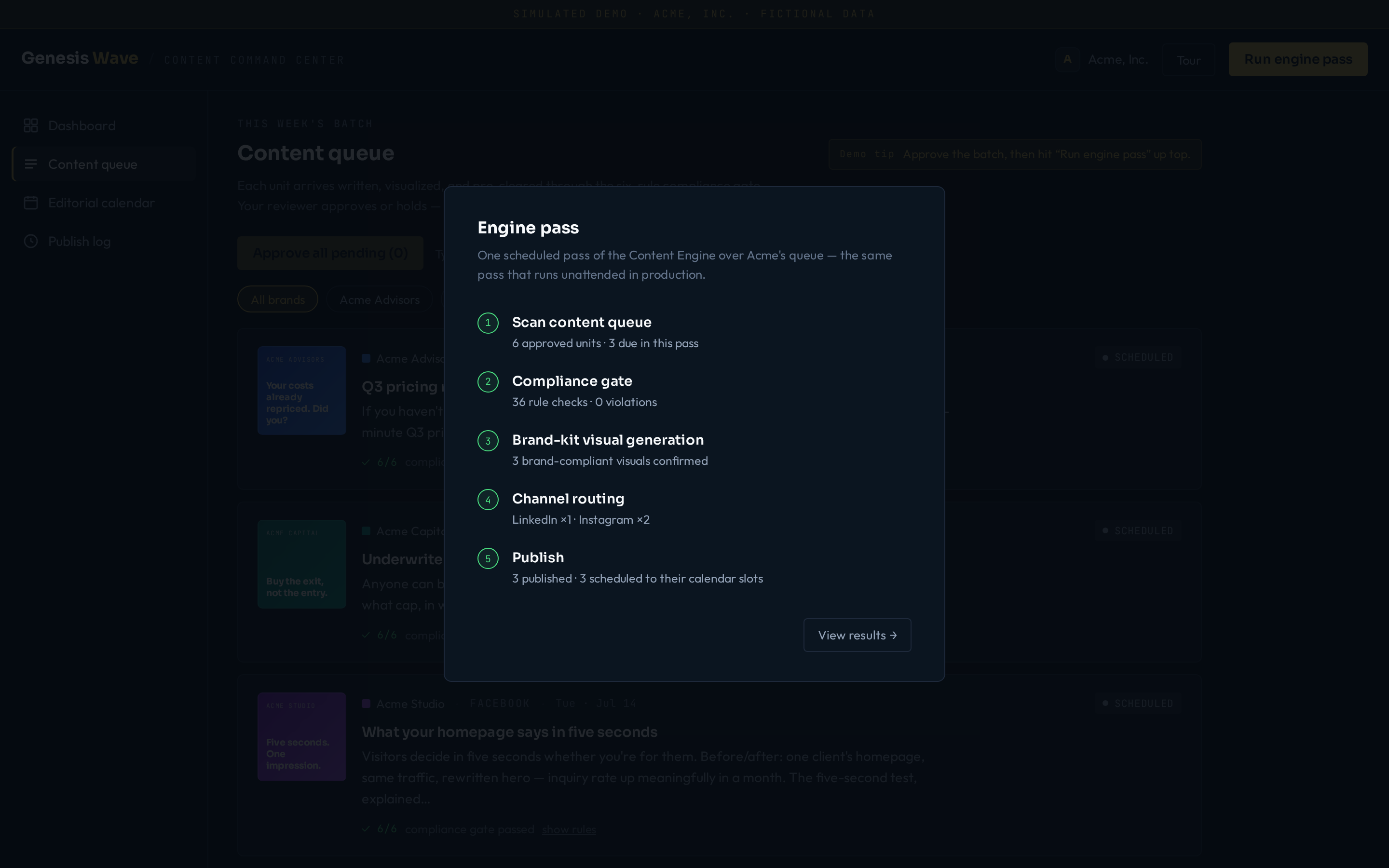 An engine pass in progress, authoring and compliance-gating new content